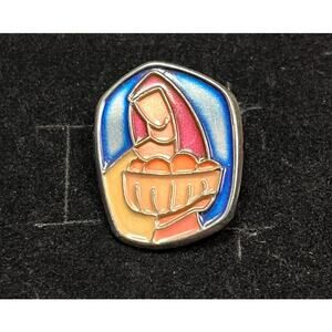 Vintage Israel Enamel Brooch Woman with Basket Pin Modernist Judaica Art